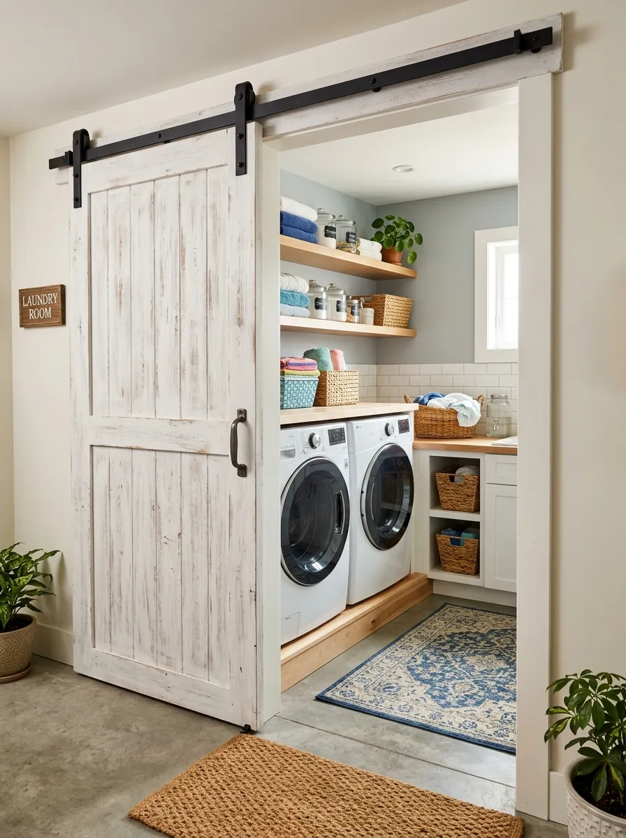 Prompt: A realistic photo of a basement laundry room with a sliding whitewashed barn door partially open, neatly organized washer and dryer visible inside, clean bright space, natural light, vibrant colors, stock photography, Pinterest-ready door design idea.