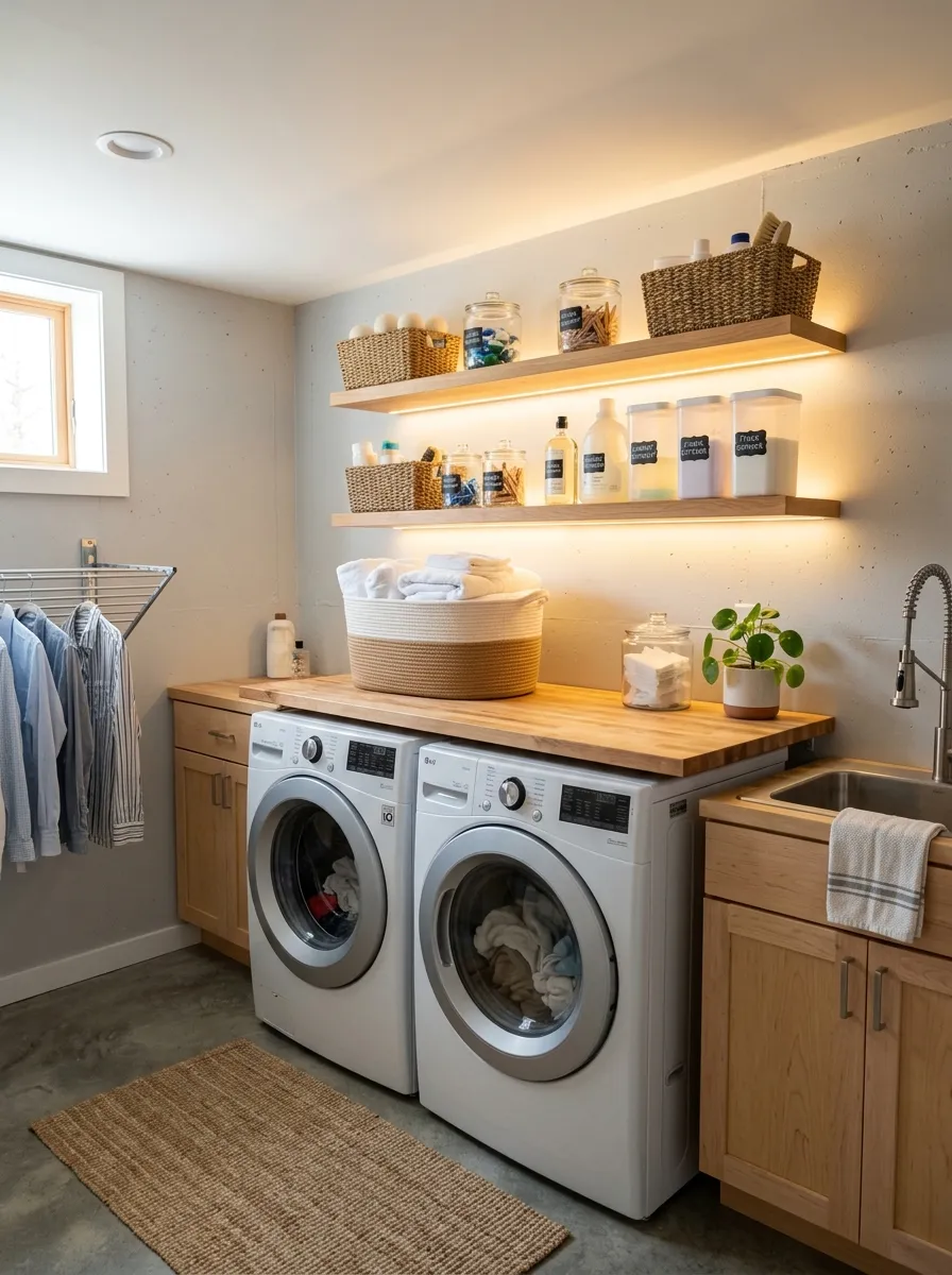 Prompt: A realistic photo of a basement laundry room with warm LED strip lighting installed under shelves, neatly organized detergent and baskets illuminated, clean bright space, natural and warm lighting mixed, vibrant colors, stock photography, Pinterest-ready lighting idea.