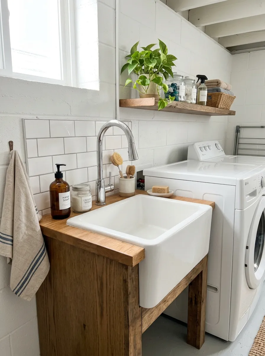 Prompt: A realistic photo of a small farmhouse utility sink installed in a basement laundry room beside a washer, neatly arranged soap and brushes nearby, clean organized space, bright natural light, vibrant colors, stock photography, Pinterest-ready utility sink idea.