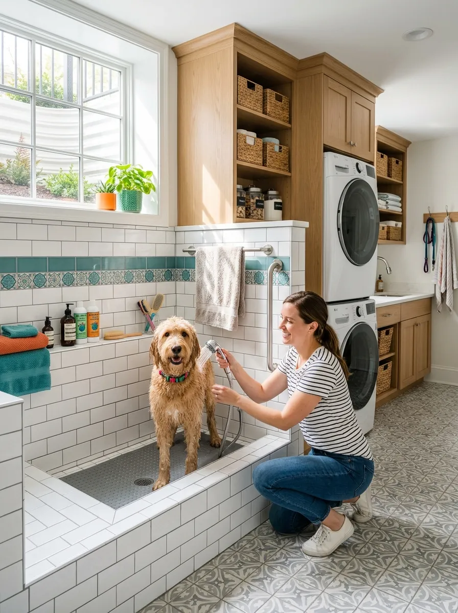 Prompt: A realistic photo of a basement laundry room with a built-in dog washing station, neatly tiled walls, handheld sprayer, non-slip mat, clean organized space, bright natural light, vibrant colors, stock photography, Pinterest-ready pet wash idea.