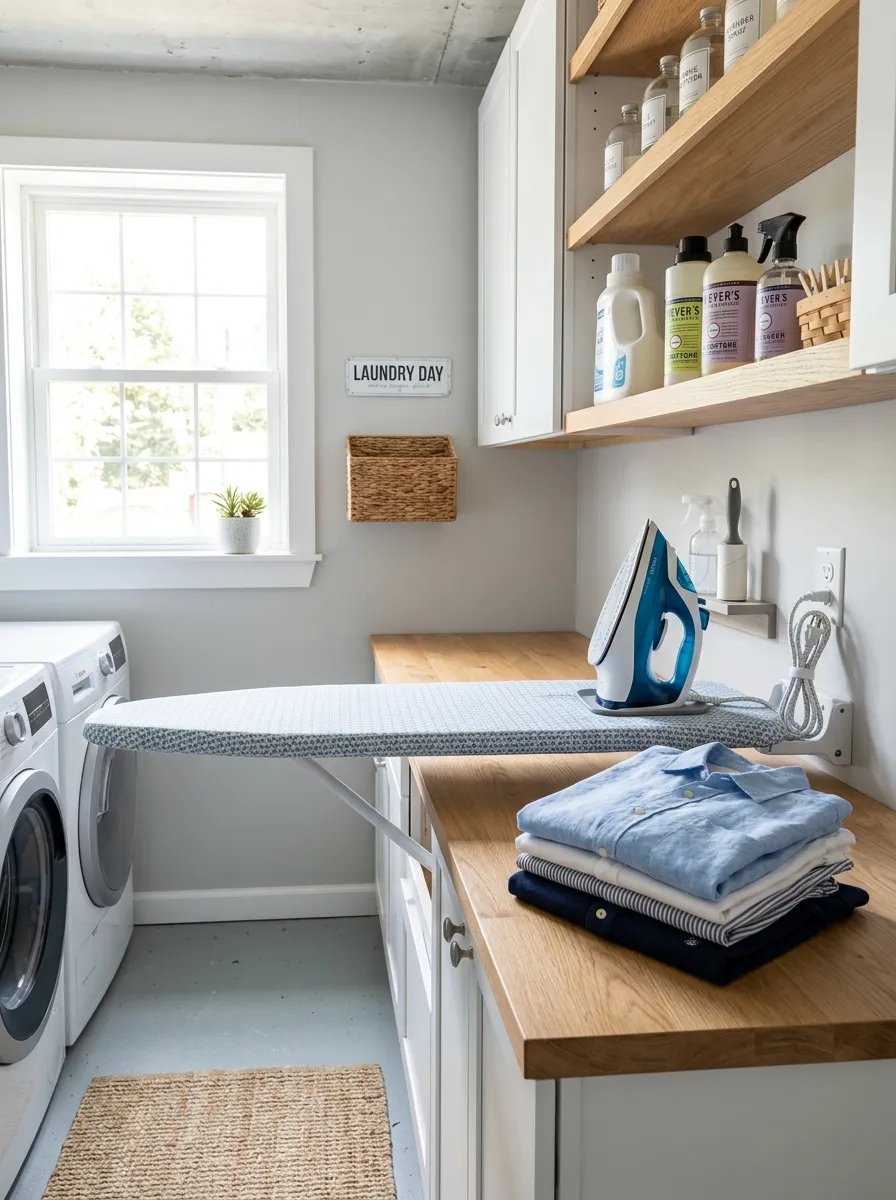 Prompt: A realistic photo of a fold-down wall-mounted ironing board in a basement laundry room, neatly arranged with an iron and folded shirts nearby, clean organized space, bright natural light, vibrant colors, stock photography, Pinterest-ready ironing station idea.
