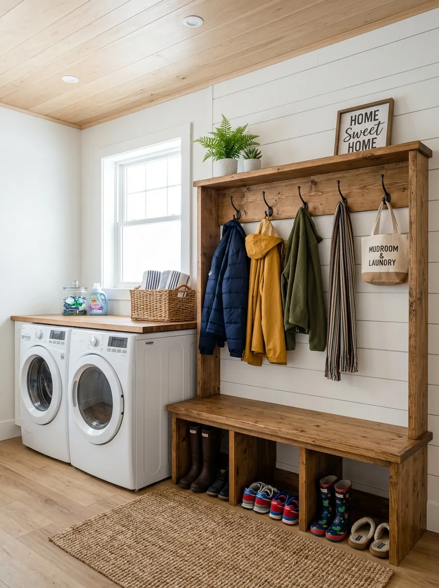 Prompt: A realistic photo of a basement laundry room with a wooden mudroom bench, neatly arranged boots and shoes stored underneath, jackets hung on hooks above, clean organized space, bright natural light, vibrant colors, stock photography, Pinterest-ready mudroom laundry combo idea.