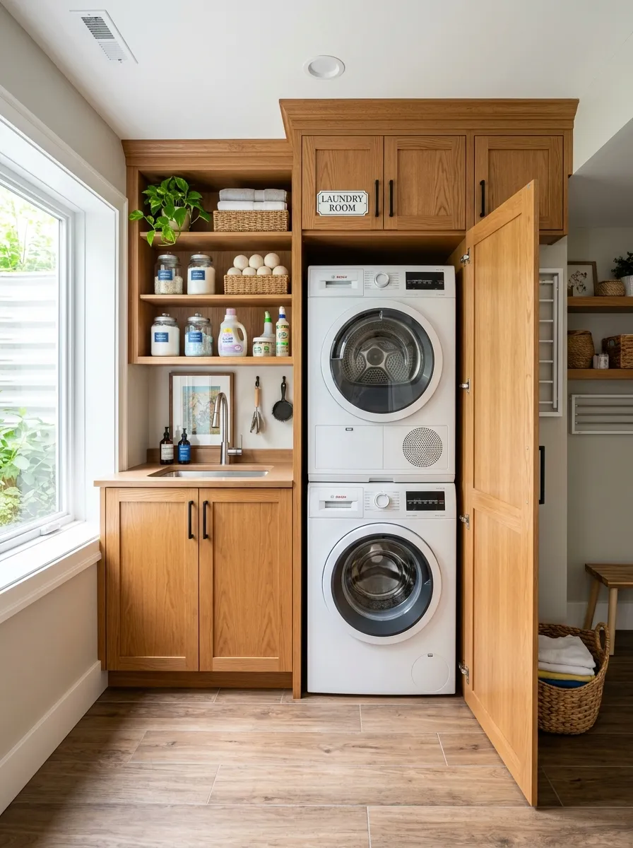 Prompt: A realistic photo of a basement laundry room with washer and dryer hidden behind matching wood cabinet panels, one panel open showing the machines, neatly organized space, bright natural light, vibrant colors, stock photography, Pinterest-ready hidden appliance idea.