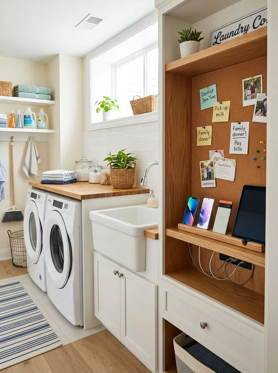 Prompt: A realistic photo of a basement laundry room with a small built-in charging station nook, neatly arranged phones and a cork board with notes, clean organized space, bright natural light, vibrant colors, stock photography, Pinterest-ready charging nook idea.