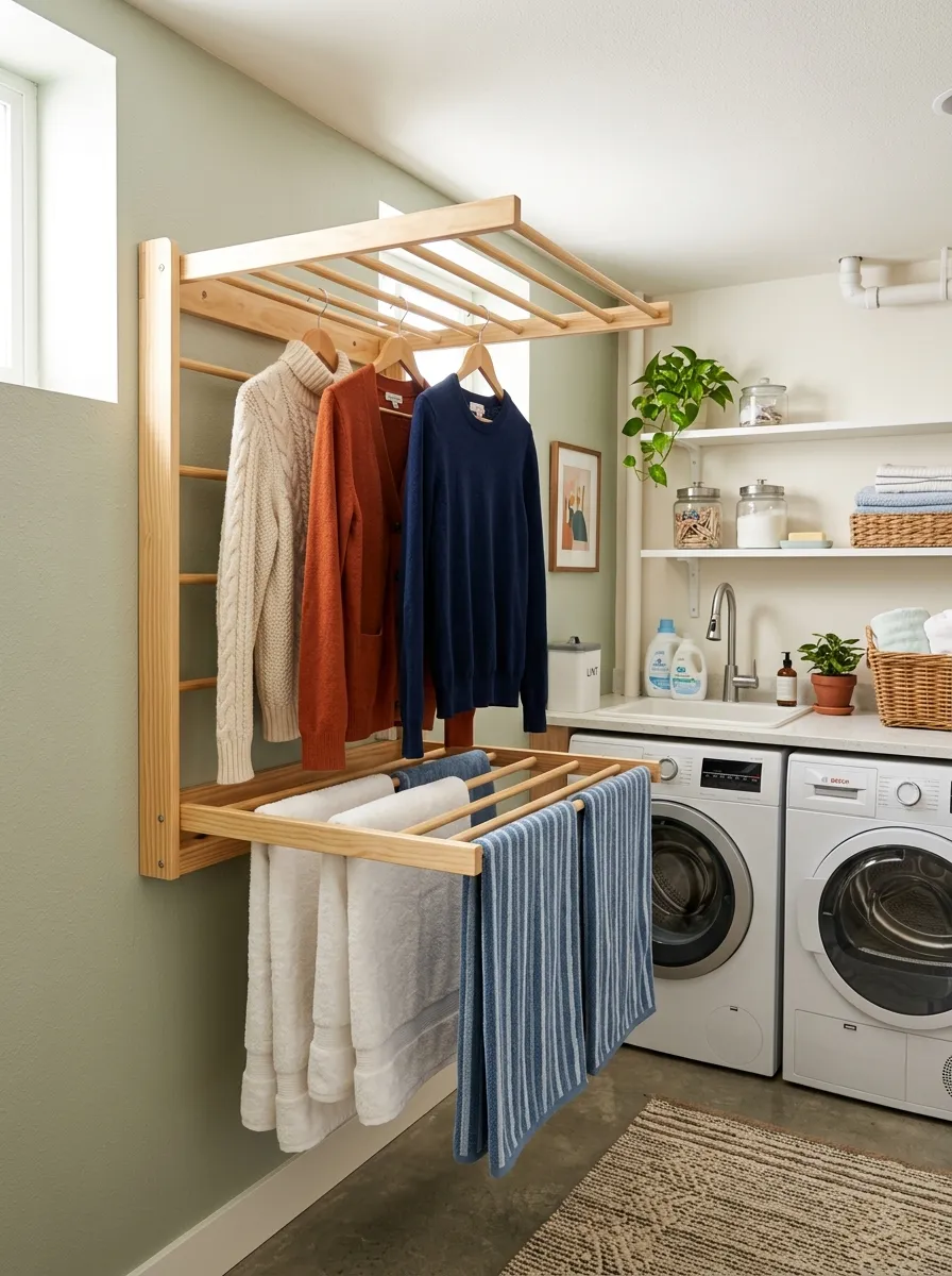Prompt: A realistic photo of a wall-mounted fold-flat wooden drying rack extended in a basement laundry room, neatly hung sweaters and towels drying, clean organized space, bright natural light, vibrant colors, stock photography, Pinterest-ready drying rack idea.