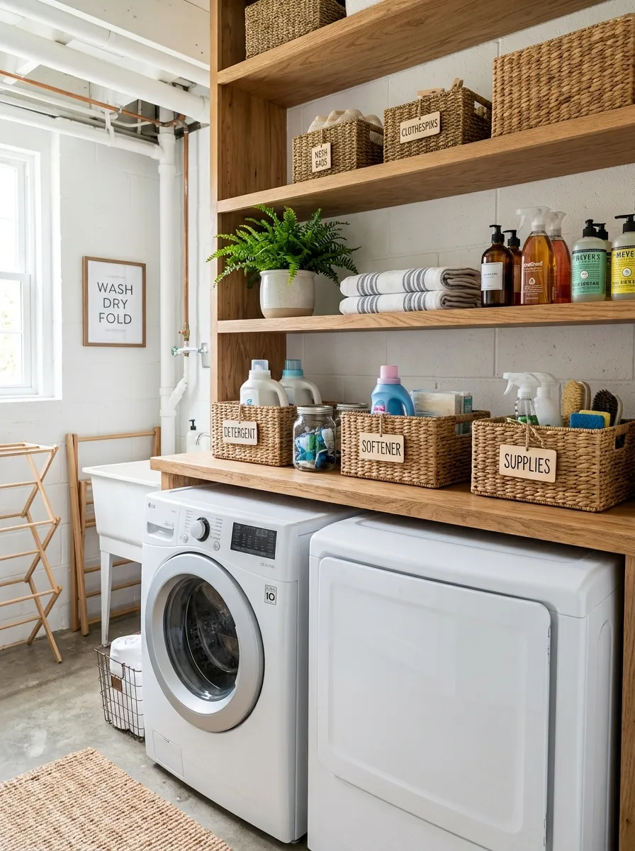 Prompt: A realistic photo of open wooden shelves in a basement laundry room, neatly arranged woven baskets labeled for detergent and supplies, beautifully organized, bright natural light, clean and tidy space, vibrant colors, stock photography, Pinterest-ready home organization scene.