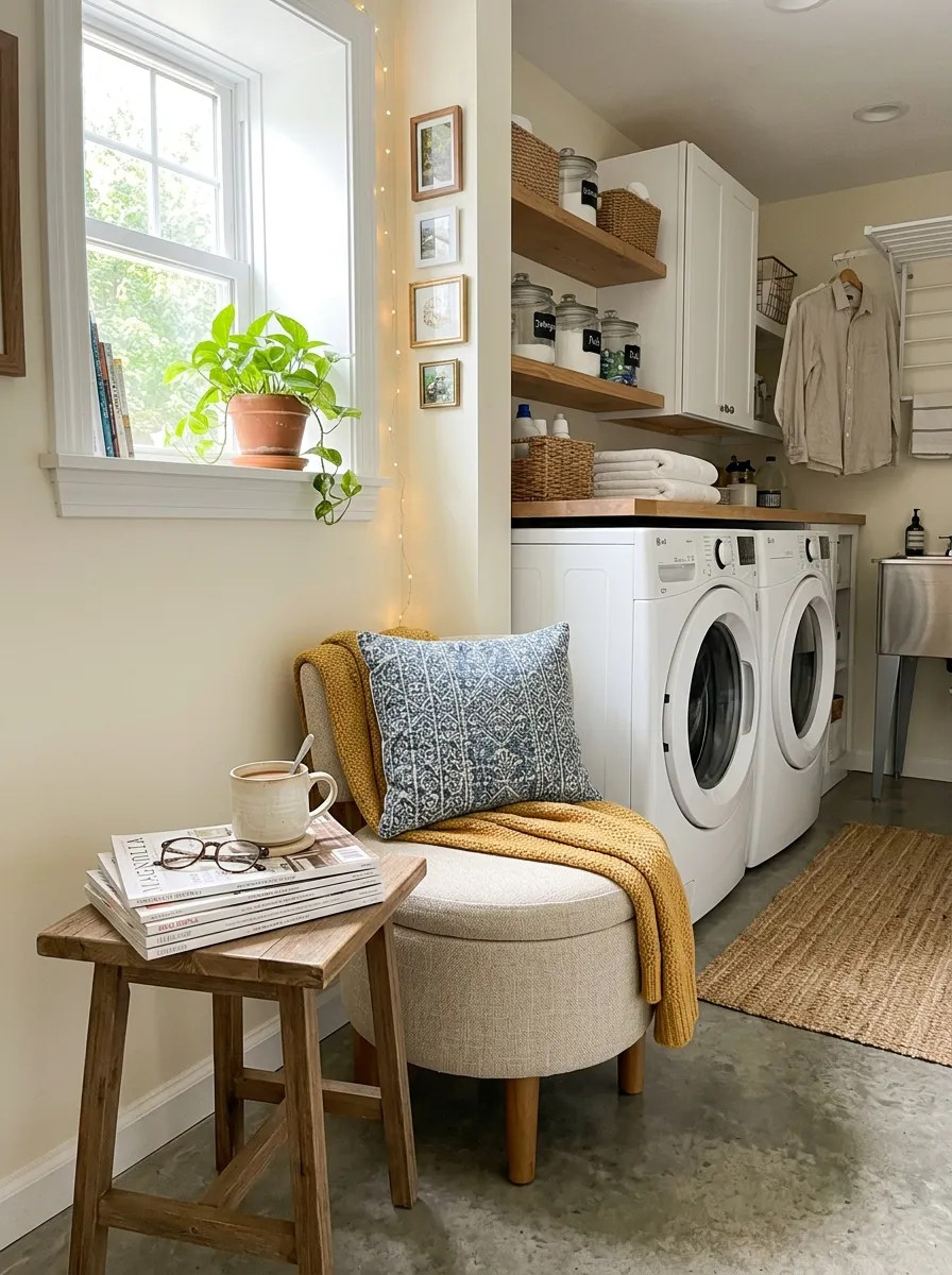 Prompt: A realistic photo of a cozy seating nook in a basement laundry room with a small upholstered stool and side table, neatly arranged with a mug and folded magazines, clean organized space, bright natural light, vibrant colors, stock photography, Pinterest-ready laundry nook idea.