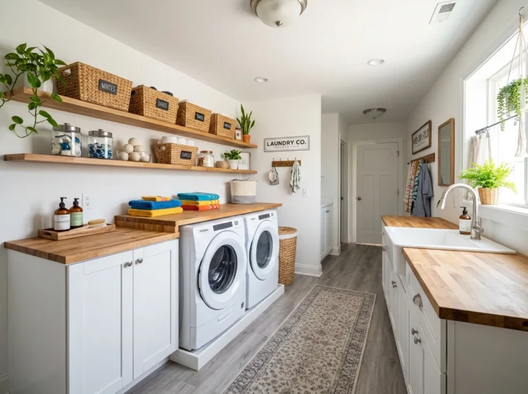 A realistic photo of a beautifully finished basement laundry room, wide shot showing white walls, open shelving with woven baskets, a folding counter, and a washer and dryer, neatly arranged and organized, bright natural light, vibrant colors, stock photography style, Pinterest-ready wide-angle scene.