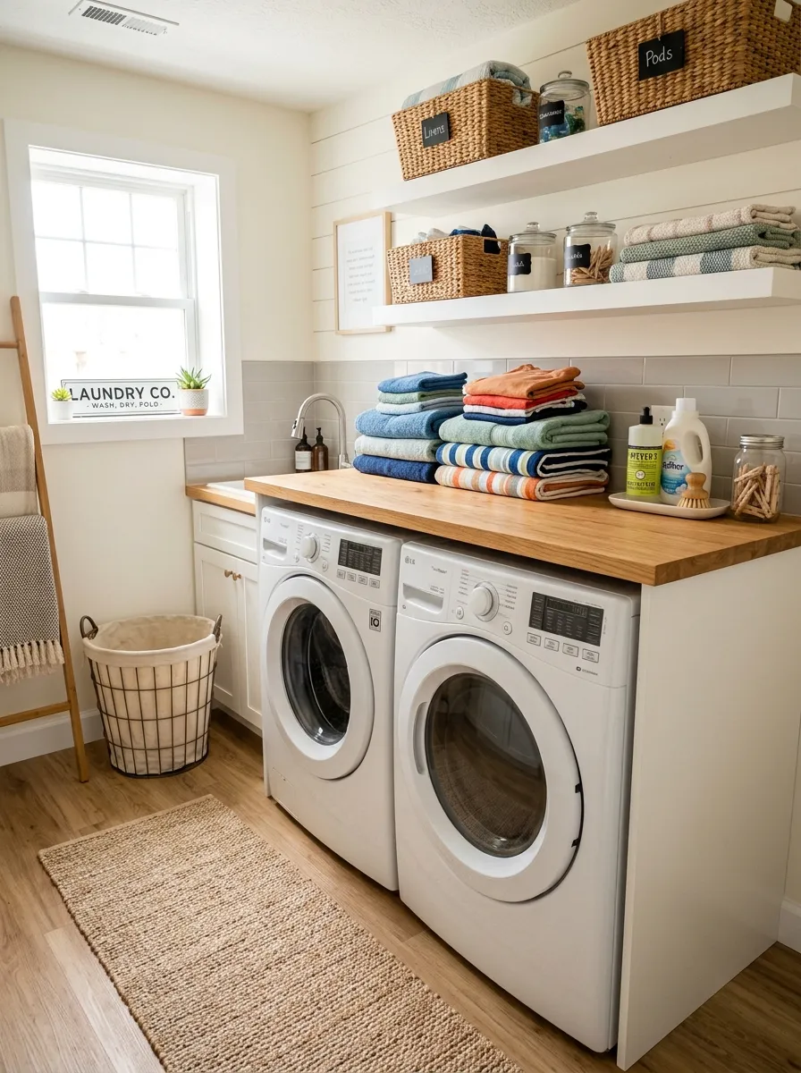 Prompt: A realistic photo of a basement laundry room with a wooden folding counter installed above a stacked washer and dryer, neatly folded laundry stacked on top, organized and clean space, bright natural light, vibrant colors, stock photography, Pinterest-ready functional laundry area.