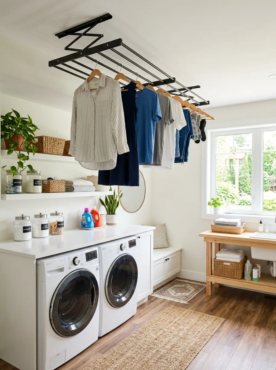 Prompt: A realistic photo of a basement laundry room with a retractable drying rod mounted near the ceiling, clothes neatly hung and air-drying, clean organized space, bright natural light, vibrant colors, stock photography style, Pinterest-ready laundry storage idea.