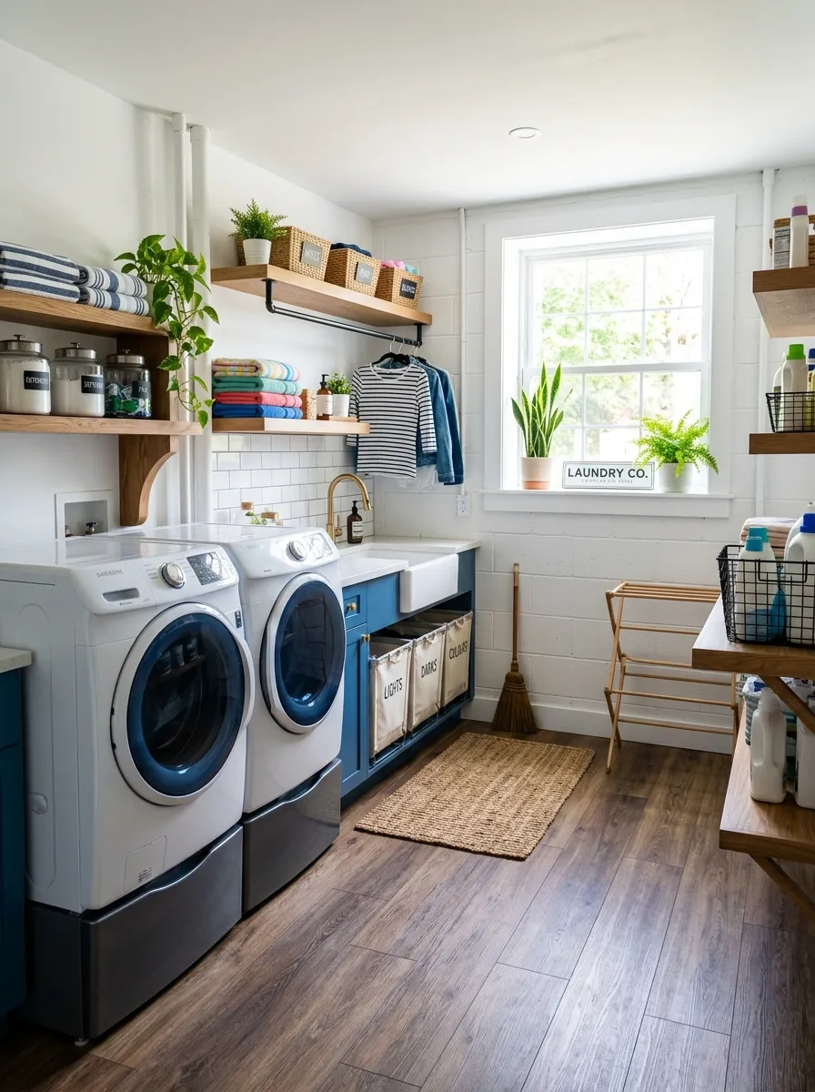 Prompt: A realistic photo of a basement laundry room with waterproof vinyl plank flooring installed, neatly arranged laundry area, clean and organized, bright natural light, vibrant colors, stock photography, Pinterest-ready home renovation scene.