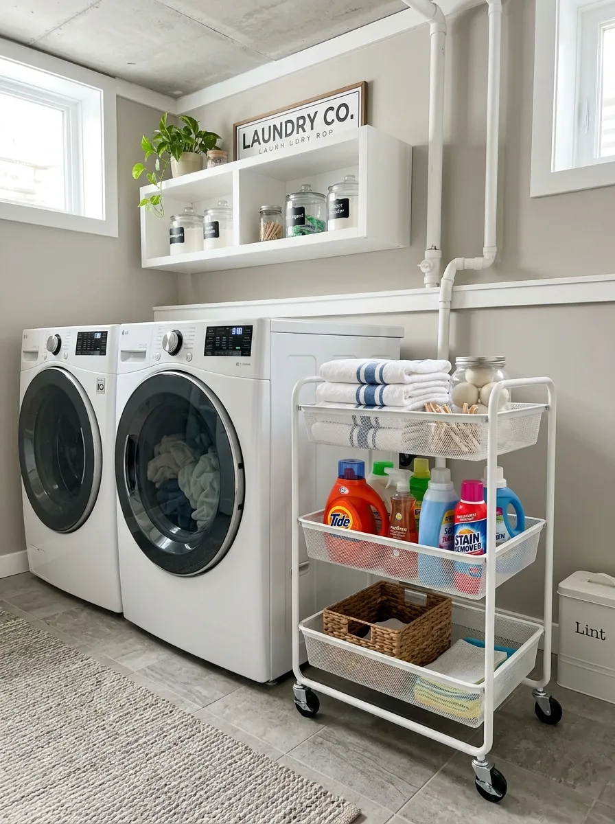 Prompt: A realistic photo of a rolling metal utility cart with mesh baskets in a basement laundry room, neatly arranged laundry supplies, positioned beside a washer and dryer, clean and organized, bright natural light, vibrant colors, stock photography, Pinterest-ready laundry storage idea.