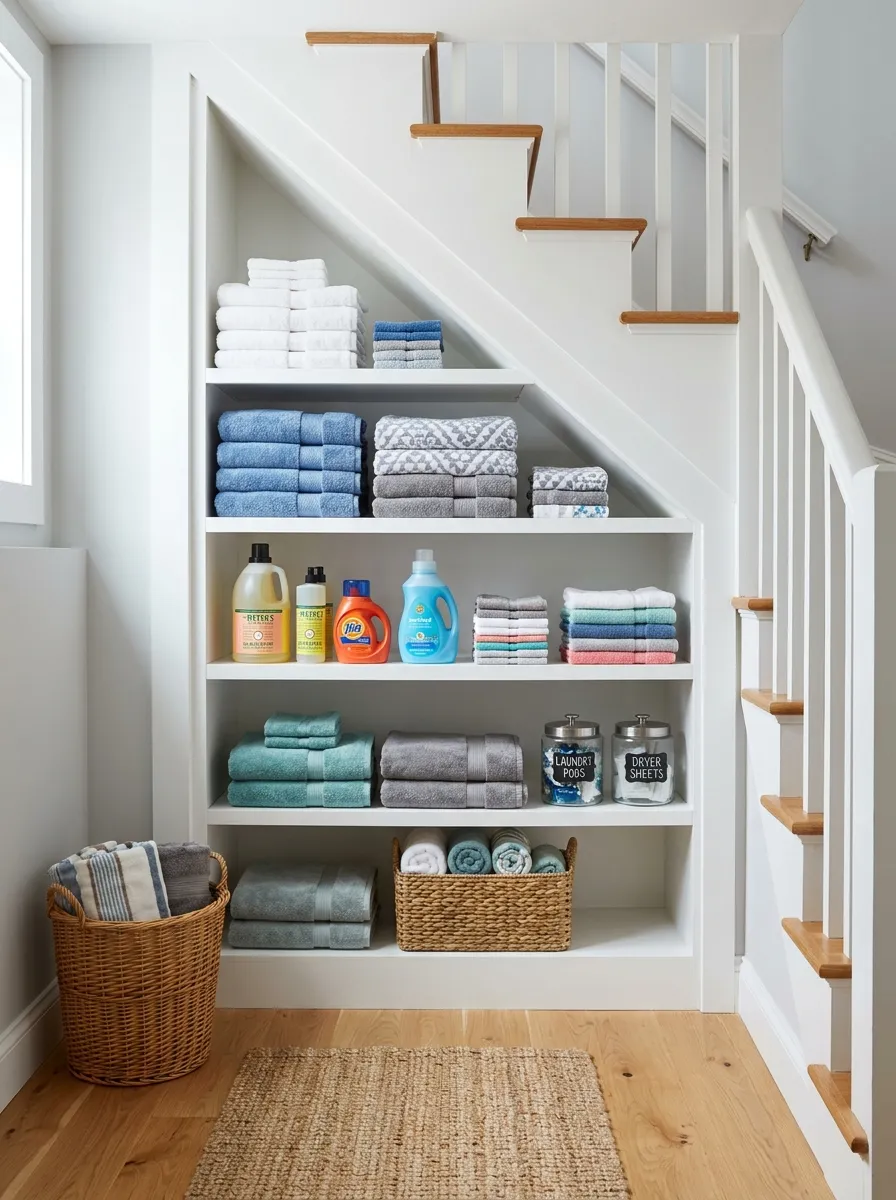 Prompt: A realistic photo of a built-in storage nook under basement stairs, neatly arranged shelves holding folded towels and laundry detergent, clean and organized space, bright natural light, vibrant colors, stock photography, Pinterest-ready small space storage idea.