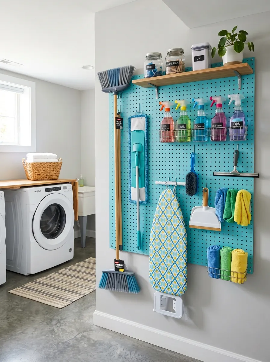 Prompt: A realistic photo of a colorful pegboard wall in a basement laundry room, neatly hung mop, broom, ironing board, and spray bottles, beautifully organized tools, clean bright space, natural light, vibrant colors, stock photography, Pinterest-ready laundry organization idea.