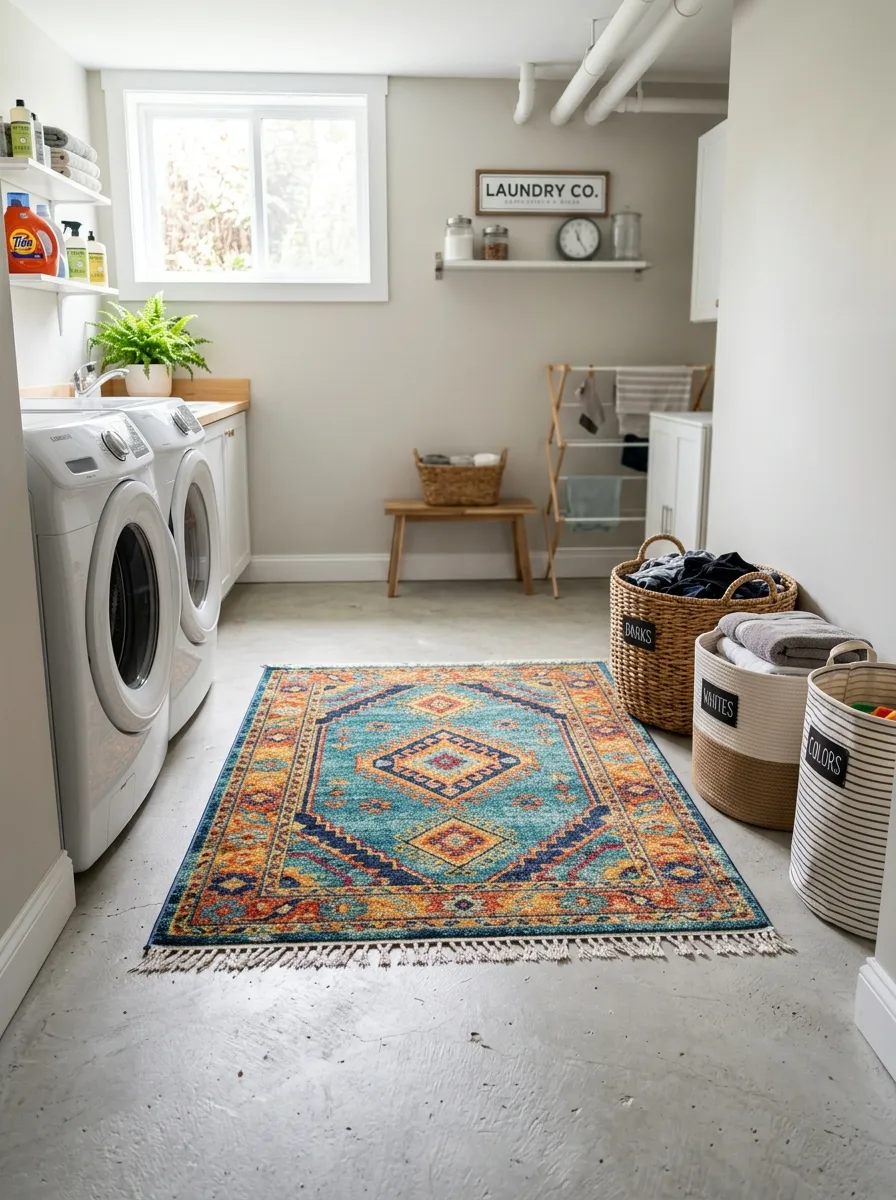Prompt: A realistic photo of a colorful washable area rug laid on concrete floor in a basement laundry room, neatly arranged laundry baskets nearby, clean and cozy space, bright natural light, vibrant colors, stock photography, Pinterest-ready flooring idea.