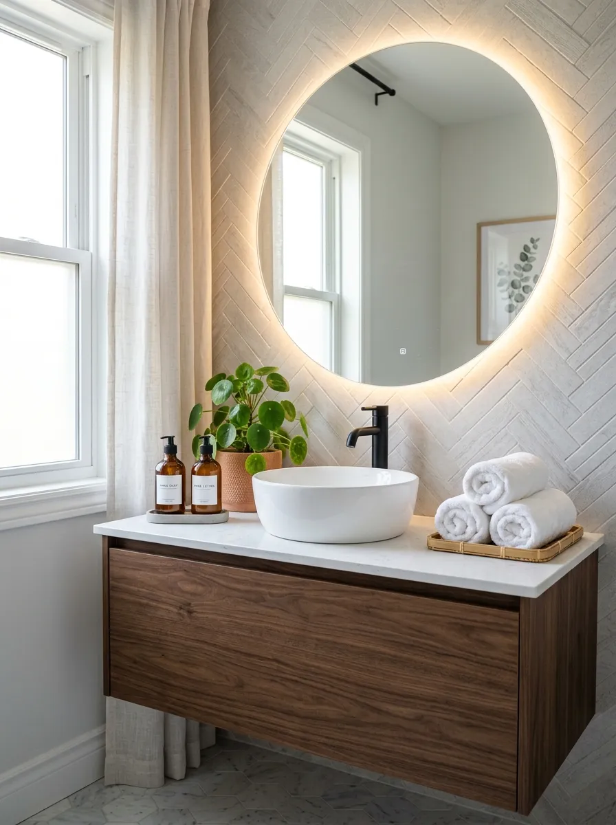 Image prompt (Nano Banana): A real-life photograph of a modern bathroom vanity with a backlit LED mirror glowing softly above a clean white sink. The countertop is neatly arranged with matching soap dispensers, a small potted plant, and rolled white towels. Bright natural light streams in from a nearby window, blending with the mirror's warm glow. The space is beautifully organized, clean, and vibrant, styled like a Pinterest home inspiration photo, shot with a DSLR camera, high resolution, realistic textures.