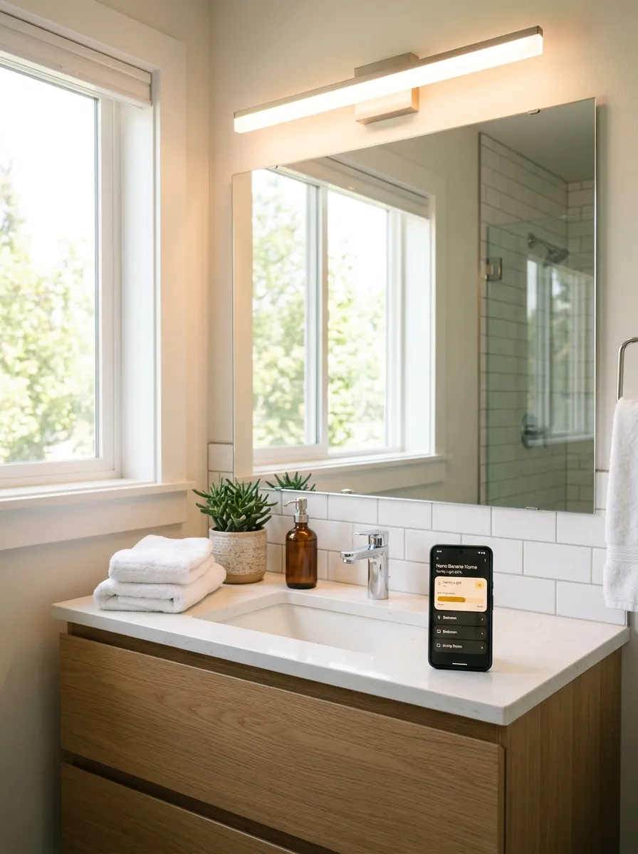Image prompt (Nano Banana): A real-life photograph of a bathroom vanity with a sleek smart LED fixture above the mirror, glowing in a soft warm tone. A smartphone resting neatly on the counter shows a lighting control app. The countertop is clean and organized, with a small potted plant and neatly stacked white towels. Bright natural light blends with the fixture's glow, giving the scene a vibrant, modern feel. The photo should look candid and real, beautifully arranged, like a genuine smart home bathroom.