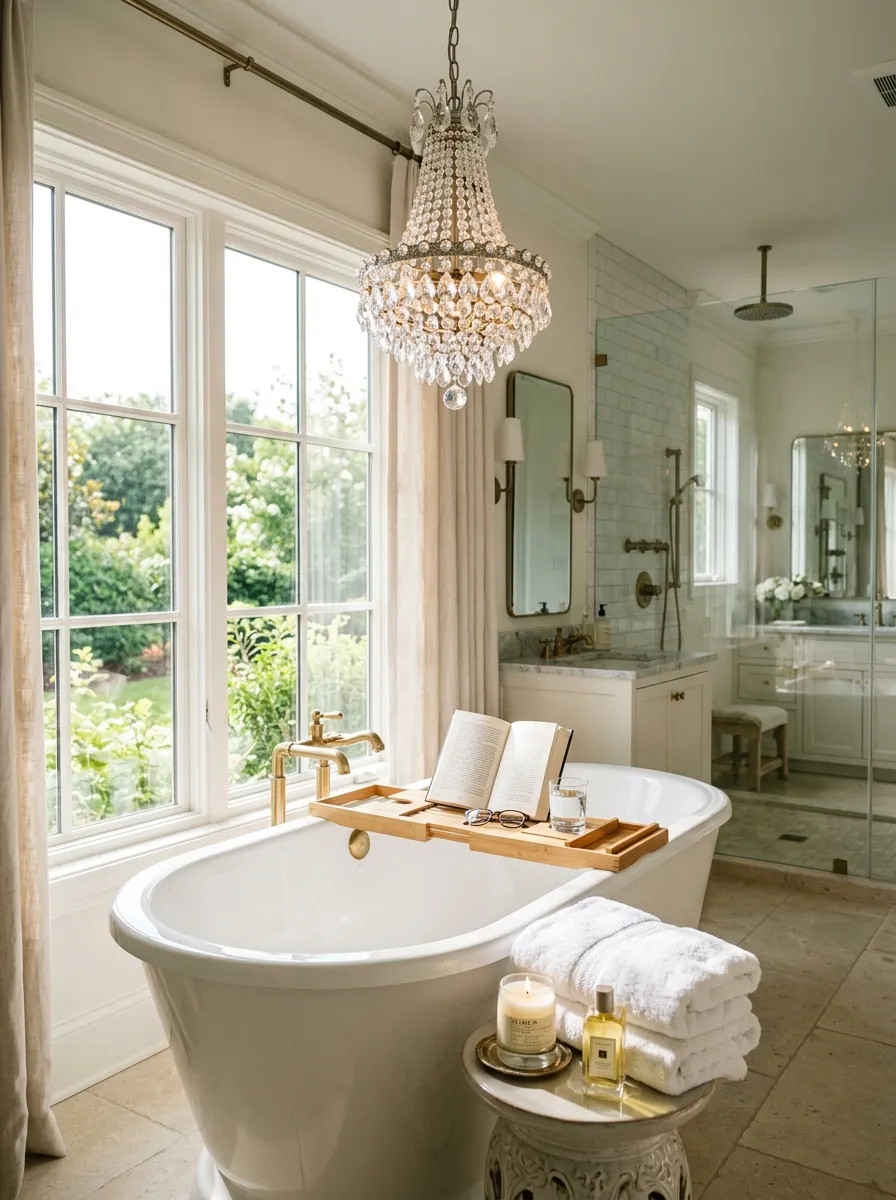Image prompt (Nano Banana): A real-life photograph of a small crystal chandelier hanging above a freestanding bathtub in a bright, spacious bathroom. The tub area is neatly arranged with rolled white towels, a small tray holding a candle, and a bath tray with a book. Bright natural light pours in from a large window, making the crystals sparkle in a vibrant, elegant way. The photo should look candid and real, beautifully styled, like a luxury home featured on Pinterest, not a rendered image.