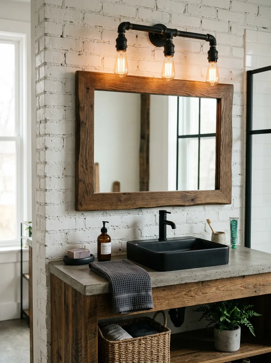 Image prompt (Nano Banana): A real-life photograph of a bathroom vanity with an exposed bulb light bar above a wood-framed mirror, black metal fittings visible along the fixture. The counter is clean and organized, with a dark ceramic soap dish and a neatly folded waffle-weave towel. Bright natural light blends with the warm bulb glow, creating a vibrant, cozy industrial atmosphere. The image should look authentic and well-styled, like a real home photograph shot for Pinterest.