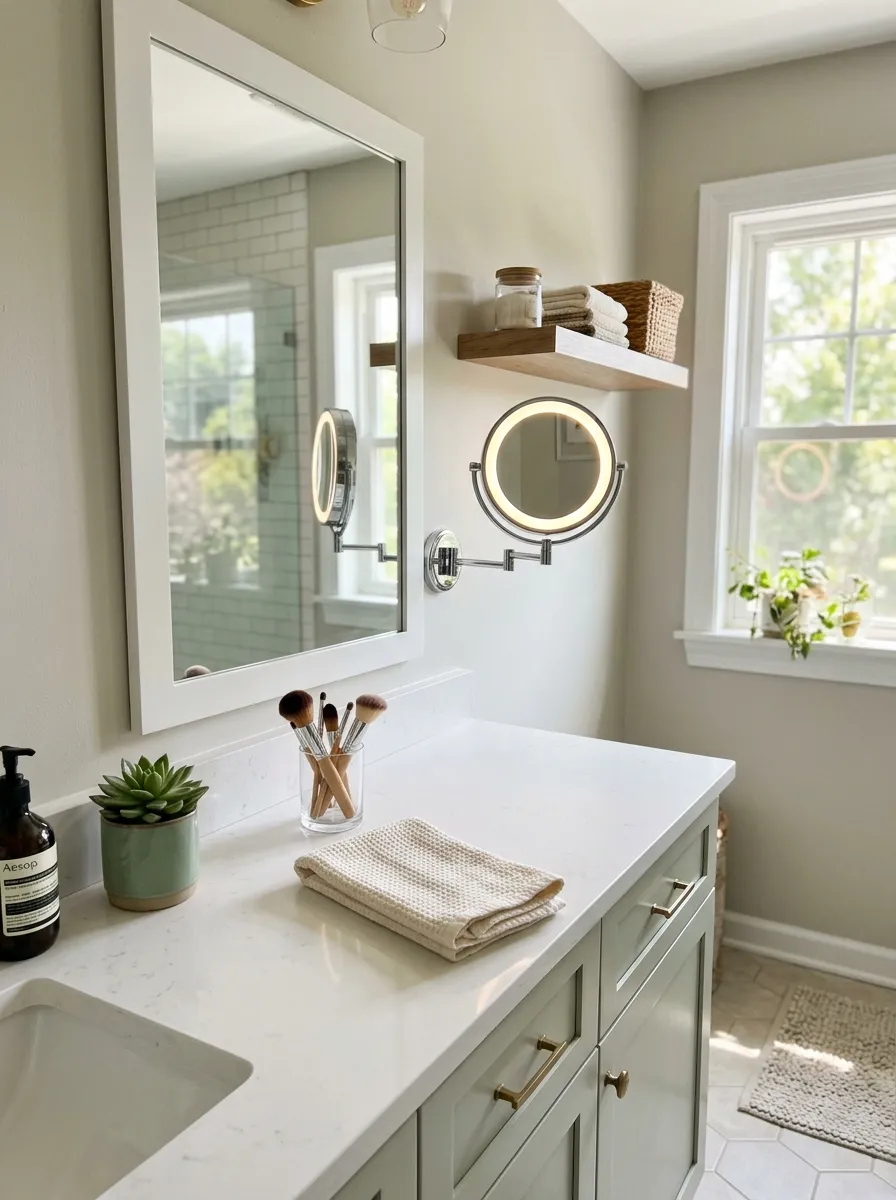 Image prompt (Nano Banana): A real-life photograph of a bathroom vanity with a small lighted magnifying mirror mounted beside the main mirror, glowing with a soft white ring light. The countertop below is neatly arranged with a makeup brush holder and a folded cream towel. Bright natural light fills the room, giving the scene a fresh, vibrant, clean look. The photo should feel candid and real, beautifully organized, perfect for a Pinterest bathroom inspiration board.