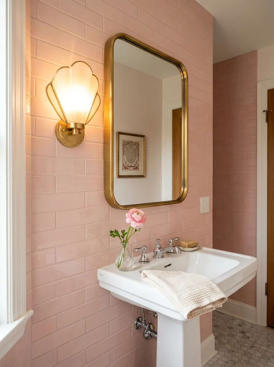 Image prompt (Nano Banana): A real-life photograph of a small powder room with a scalloped art deco wall sconce glowing beside a curved mirror, pastel pink tile visible on the wall. The pedestal sink below is clean and beautifully arranged, with a small folded hand towel and a single flower in a bud vase. Bright natural light mixes with the sconce's warm glow, creating a vibrant, retro-chic atmosphere. The image should look real and organized, styled for Pinterest, not illustrated.