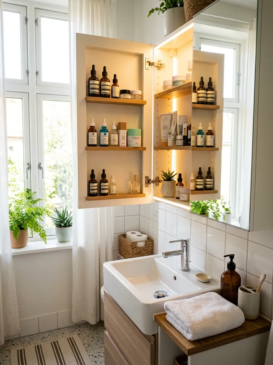 Image prompt (Nano Banana): A real-life photograph of a compact bathroom with a lighted medicine cabinet glowing softly above a small clean sink. The open cabinet shows neatly organized skincare bottles on adjustable shelves, and the counter below has a single folded towel. Bright natural light enters through a nearby window, giving the space a fresh, vibrant feel. The photo should look authentic and tidy, like a real small home bathroom styled for Pinterest.