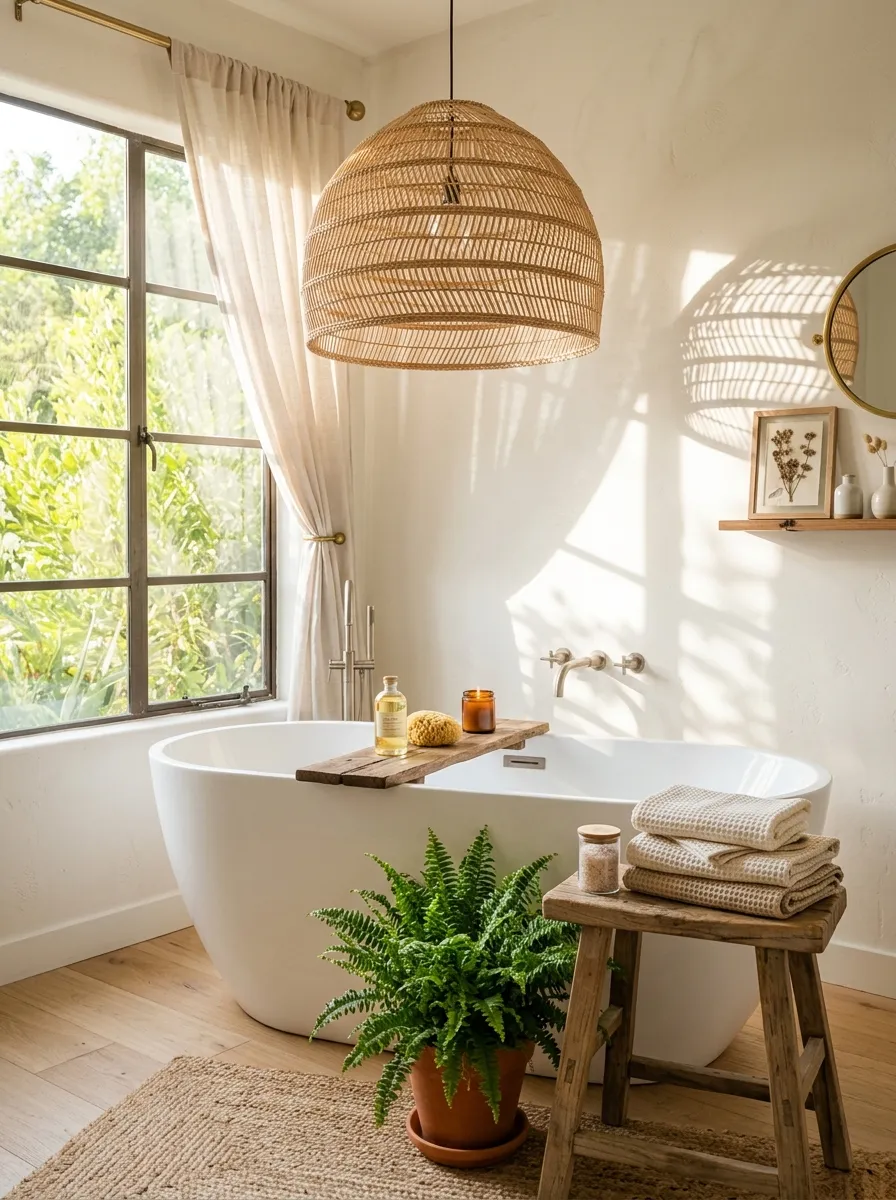 Image prompt (Nano Banana): A real-life photograph of a boho-styled bathroom with a woven rattan dome pendant light hanging above a freestanding tub. The space is neatly arranged with linen towels, a small potted fern, and a wooden stool nearby. Bright natural light streams through a nearby window, casting soft striped shadows from the rattan shade in a warm, vibrant way. The image should look authentic, clean, and beautifully organized, like a real home photographed for Pinterest, not illustrated or rendered.