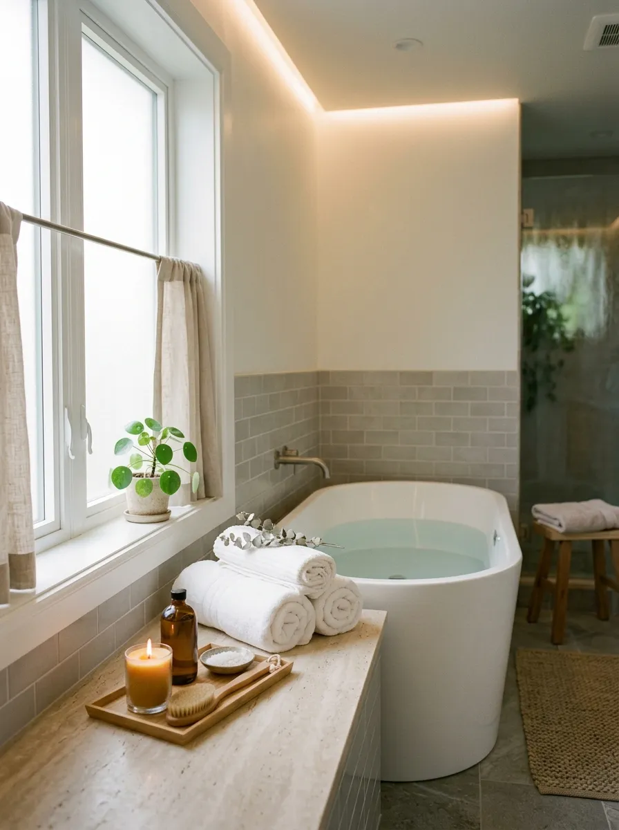 Image prompt (Nano Banana): A real-life photograph of a serene bathroom with soft, indirect cove lighting glowing along the ceiling edge above a soaking tub. The tub area is neatly arranged with rolled white towels, a candle, and a small tray. Bright natural light from a window blends with the warm cove glow, creating a calm, vibrant atmosphere. The photo should look candid, clean, and organized, like a real spa-inspired home bathroom styled for Pinterest, not a 3D render.