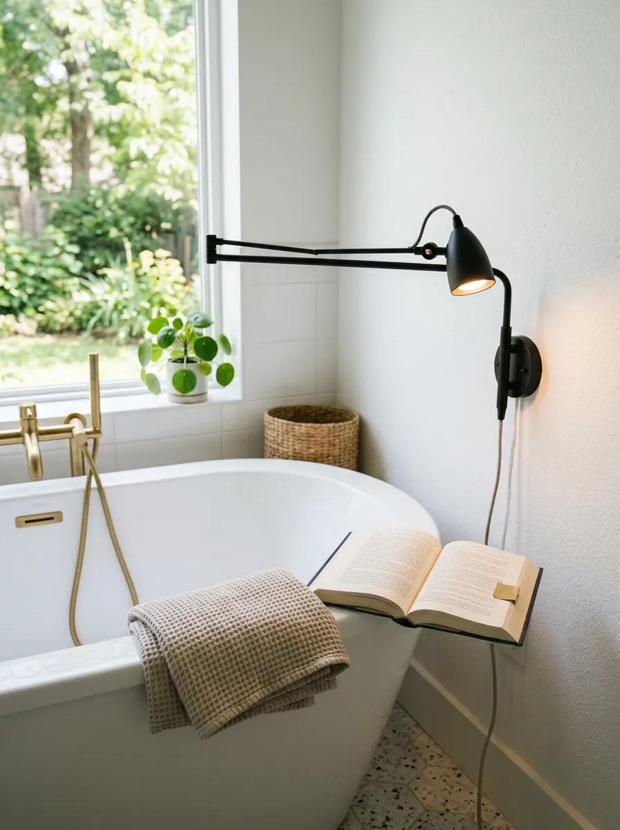Image prompt (Nano Banana): A real-life photograph of a matte black articulating wall sconce mounted beside a bathtub, its arm extended toward a small reading nook. The tub edge is neatly arranged with a folded towel and an open book. Bright natural light fills the room, mixing with the sconce's warm glow for a vibrant, cozy look. The image should be authentic, clean, and beautifully organized, like a real home photograph for Pinterest, not illustrated.