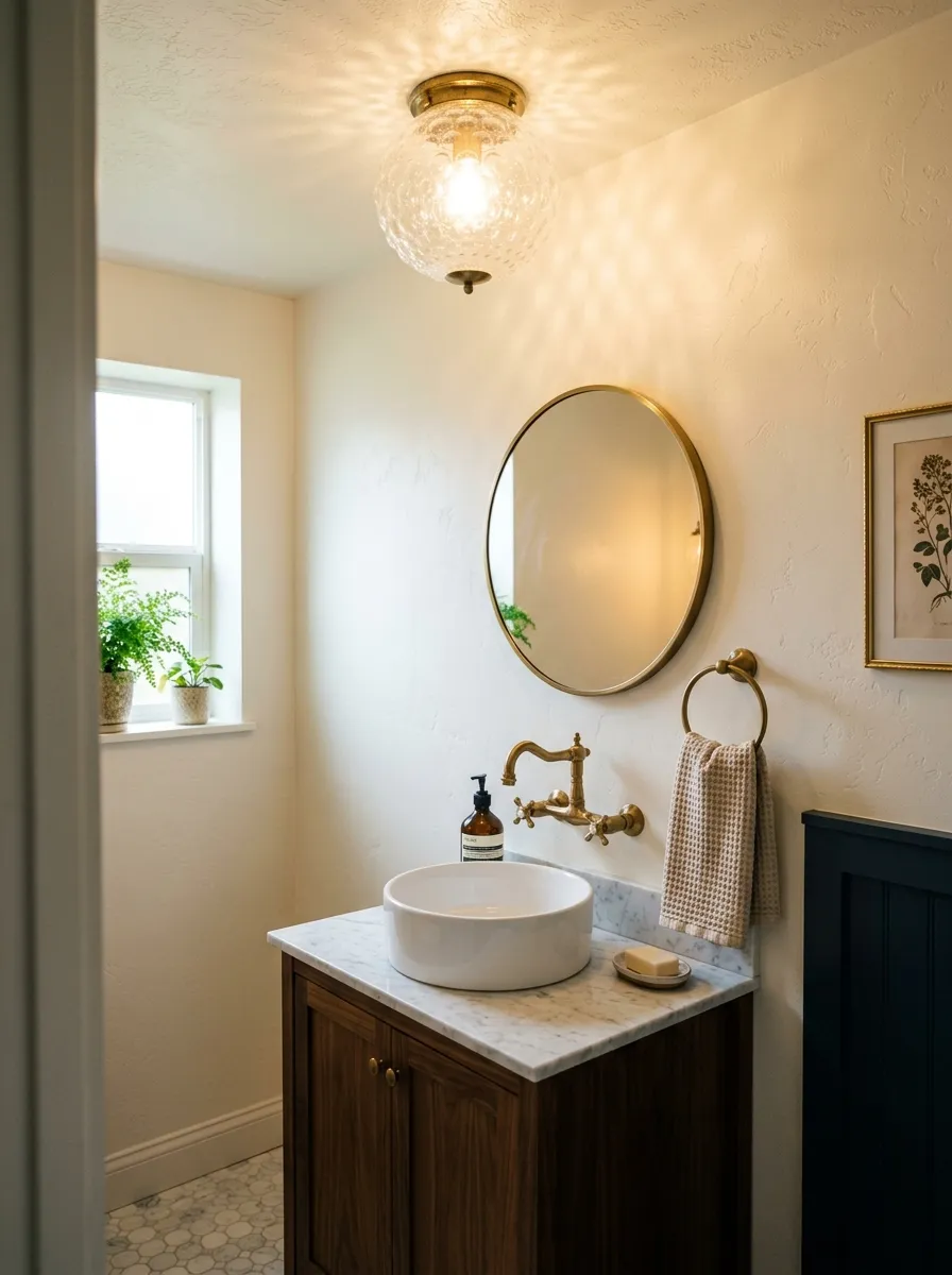 Image prompt (Nano Banana): A real-life photograph of a small powder room with a bubble glass flush mount ceiling light glowing warmly overhead. The sink area below is clean and neatly arranged, with a brass faucet and a single folded hand towel. Bright natural light mixes with the dappled glow from the bubbled glass, creating a vibrant, textured look. The photo should feel authentic and organized, styled like a real home for Pinterest, not a rendered image.