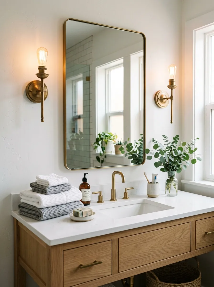 Image prompt (Nano Banana): A real-life photograph of a bathroom mirror flanked by two warm brass wall sconces mounted on a soft white wall. Below sits a clean vanity with neatly arranged bath towels, a ceramic soap dish, and fresh eucalyptus in a small vase. Bright natural light mixes with the warm sconce glow, casting a cozy, vibrant atmosphere. The scene looks beautifully arranged, organized, and camera-realistic, like a professional interior photography shot for a home decor magazine.