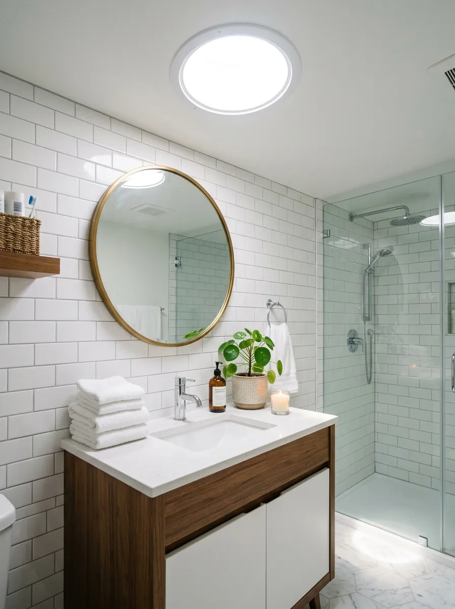 Image prompt (Nano Banana): A real-life photograph of a bright, windowless bathroom illuminated by a round skylight tube fixture in the ceiling, flooding the room with natural daylight. The vanity below is clean and neatly arranged, with white towels and a small plant. The space feels fresh, vibrant, and beautifully organized, with sunlight creating a soft glow across the tile. The image should look authentic and candid, like a real home photograph for Pinterest, not illustrated.