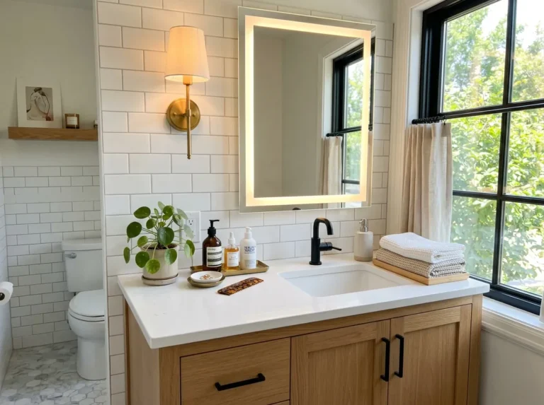 A real-life photograph of a beautifully styled modern bathroom vanity area, featuring a mix of elegant light fixtures: a backlit LED mirror and a warm brass sconce, illuminating a clean, organized countertop with neatly arranged towels, a small plant, and skincare bottles. Bright natural light pours in from a nearby window, creating a vibrant, fresh, and inviting atmosphere. The photo should look authentic and candid, like a professionally styled real home, not a 3D render or studio setup, perfect as a Pinterest cover image.