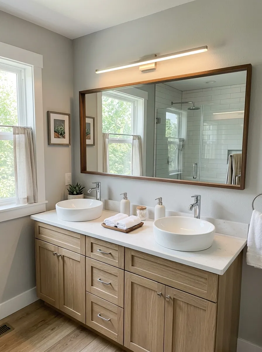 Image prompt (Nano Banana): A real-life photograph of a wide bathroom mirror topped with a slim linear LED light bar, mounted above a double sink vanity. The counter is clean and organized, with two matching white ceramic soap dispensers and neatly folded hand towels. Bright natural light fills the room from a side window, giving the space a fresh, vibrant, Pinterest-worthy look. The image should feel like an authentic home photograph, not a 3D render, with realistic textures and soft shadows.