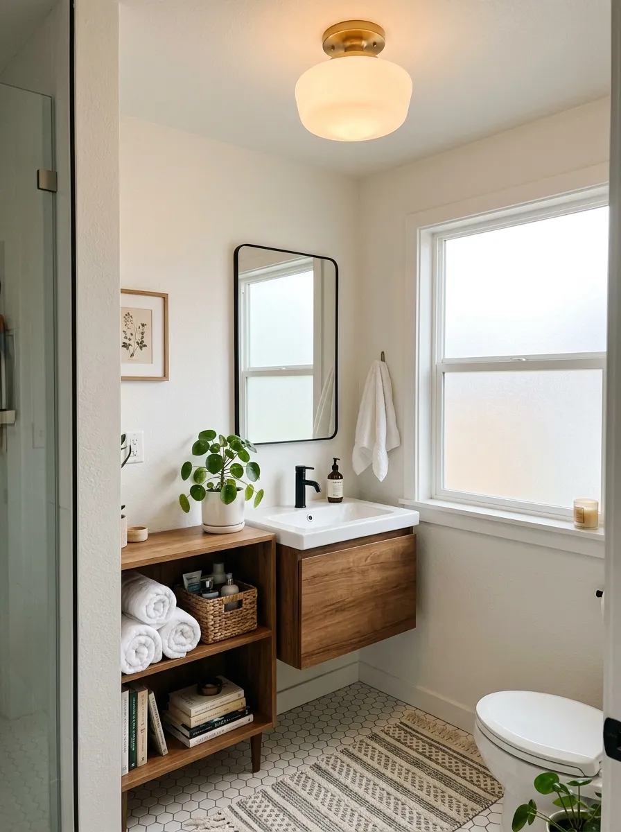 Image prompt (Nano Banana): A real-life photograph of a small, clean bathroom with a round frosted glass flush mount ceiling light glowing warmly overhead. The room is neatly organized, with folded white towels on an open shelf and a small green plant on the counter. Bright natural light comes through a frosted window, blending with the fixture's soft glow to create a vibrant, cozy atmosphere. The photo should look authentic and candid, like a real home, styled beautifully for a Pinterest board.