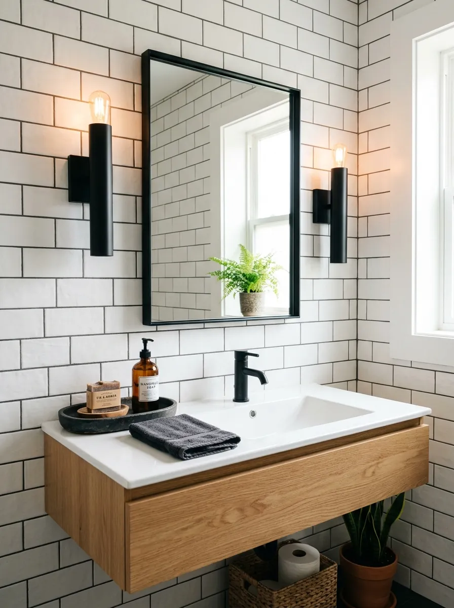 Image prompt (Nano Banana): A real-life photograph of a bathroom mirror flanked by two matte black vertical sconces against a white subway tile wall. The vanity below is clean and beautifully arranged, with a black-framed mirror, a neatly folded charcoal towel, and a small dark ceramic tray holding soap. Bright natural light enters from the side, creating a bold, vibrant contrast between the black fixtures and white tile. The image should look like a real, well-styled home photograph, sharp and organized, perfect for Pinterest.