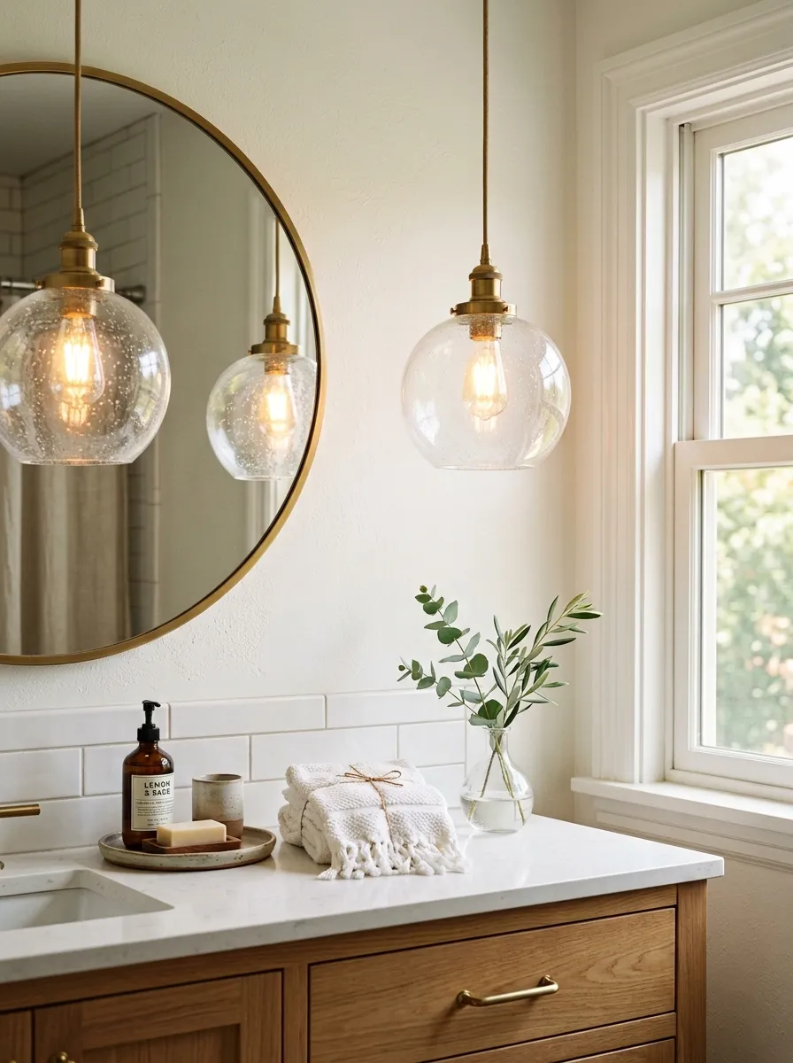 Image prompt (Nano Banana): A real-life photograph of a bathroom vanity with a pair of matching glass pendant lights hanging on either side of a round mirror. The counter below is neatly arranged, with a small ceramic tray, folded white towels, and a single stem in a bud vase. Bright natural light fills the space from a window, creating a warm, vibrant glow that bounces off the glass pendants. The scene looks beautifully organized, clean, and candid, like a real home styled for a Pinterest board, not a studio setup.