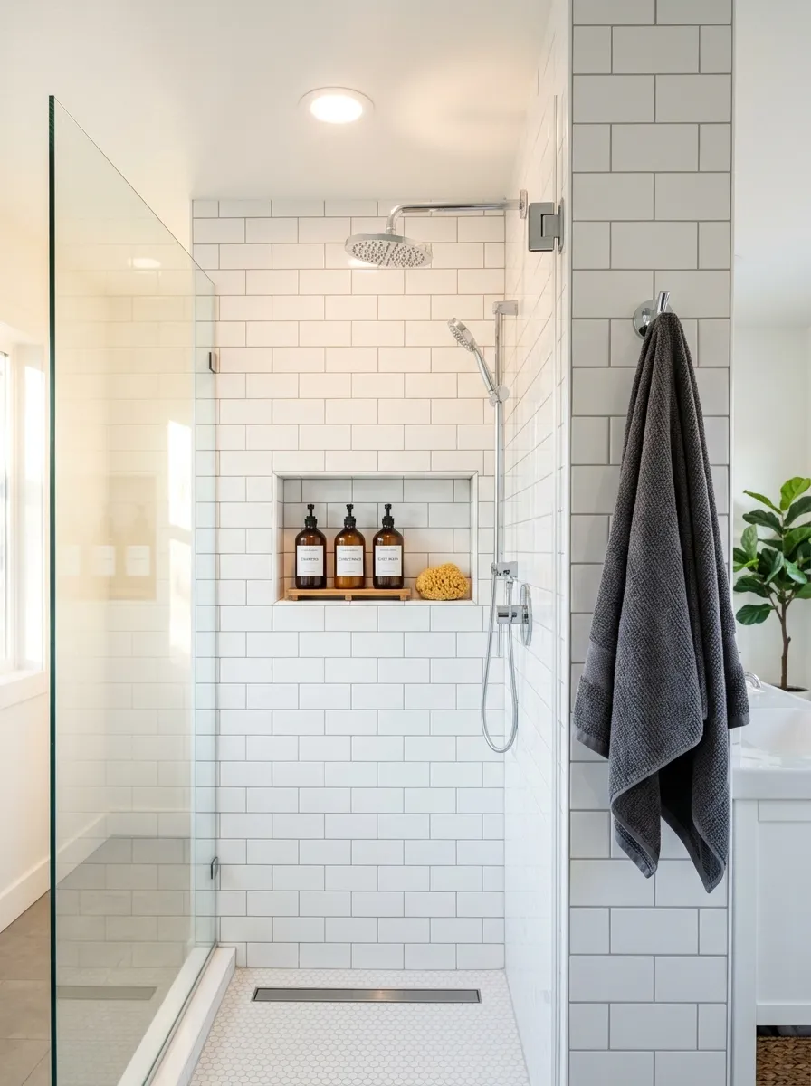 Image prompt (Nano Banana): A real-life photograph of a clean, modern walk-in shower with a small round recessed light glowing brightly in the ceiling. The shower shelf is neatly arranged with matching glass bottles of shampoo and soap, and a folded gray towel hangs on a nearby hook. Bright natural light mixes with the recessed light, highlighting the white subway tile in a vibrant, fresh way. The image should look authentic and realistic, like a genuine home bathroom, organized and Pinterest-ready.