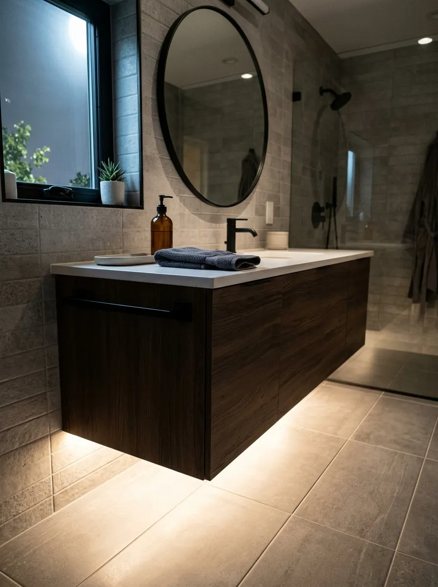 Image prompt (Nano Banana): A real-life photograph of a modern floating bathroom vanity at night, with a thin LED strip glowing softly underneath the cabinet and reflecting on a clean tile floor. The countertop above is neatly arranged with a single soap pump and a folded hand towel. A hint of bright natural light comes through a small window, blending with the warm LED glow for a vibrant, cozy nighttime look. The photo should feel real and candid, beautifully styled, not a rendered image.