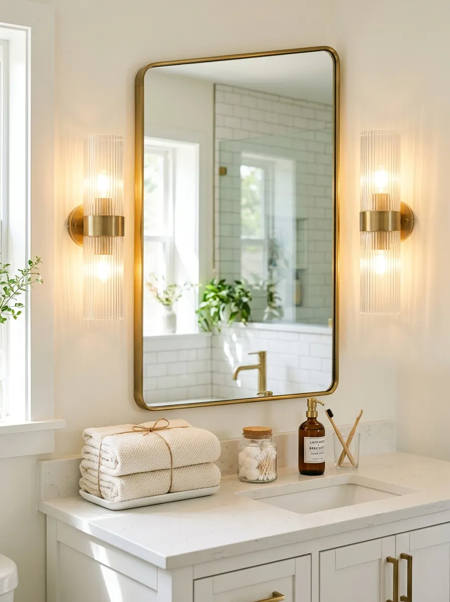 Image prompt (Nano Banana): A real-life photograph of a bathroom mirror flanked by two fluted glass wall sconces with a soft golden glow, mounted above a clean, beautifully arranged vanity. The counter has neatly folded cream towels and a small glass jar with cotton balls. Bright natural light streams in, mixing with the sconces to create a vibrant, textured play of light on the ribbed glass. The image should look like an authentic, organized home photograph, sharp and Pinterest-worthy.