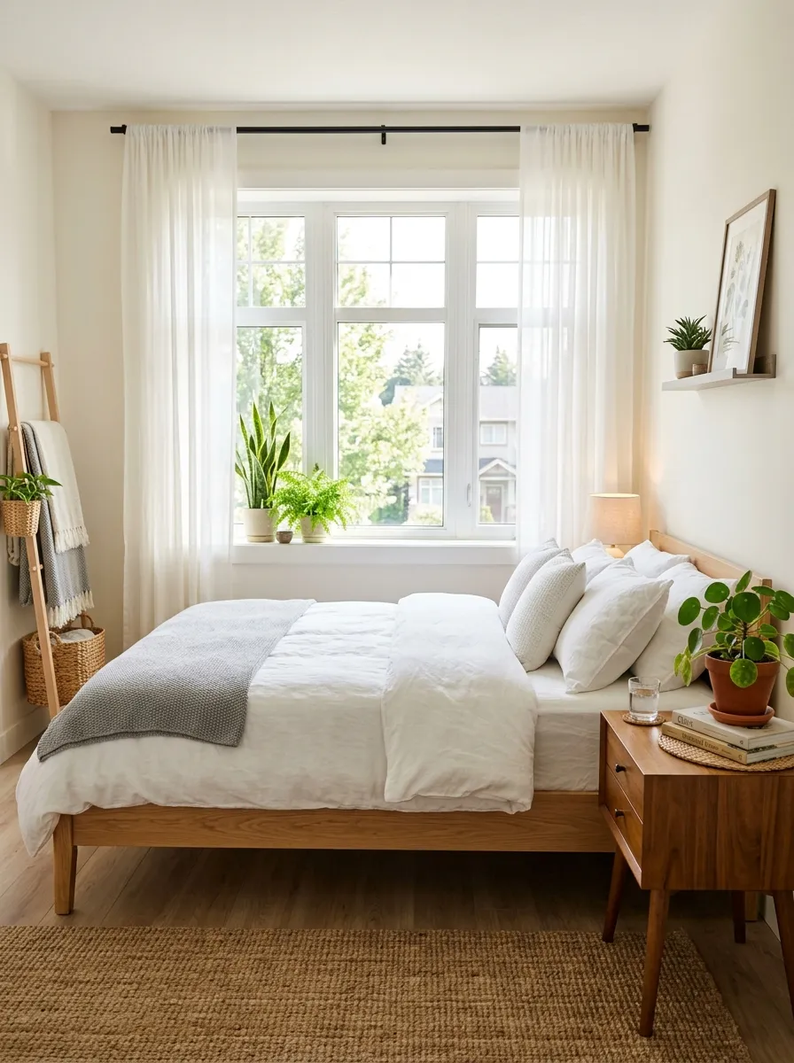 Real-life photo of a small bedroom with a low platform bed in front of window, neatly made bed with white linens, sheer curtains, bright natural light streaming in, beautifully arranged nightstand, organized and clean space, vibrant green plant accents, stock photography style