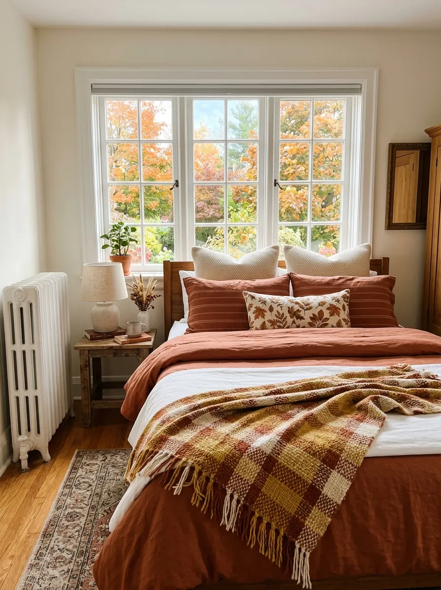 Real-life photo of a cozy bedroom with a neatly made bed in front of window near a radiator, woven cotton throw draped on the bed, bright natural light, beautifully arranged pillows, organized and clean space, vibrant autumn color palette, stock photography style