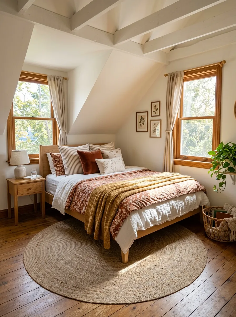 Real-life photo of an attic bedroom with a bed in front of window placed diagonally in a corner between two windows, neatly made bed, round rug underneath, bright natural light, beautifully arranged bedding, organized and clean space, vibrant cozy tones, stock photography style