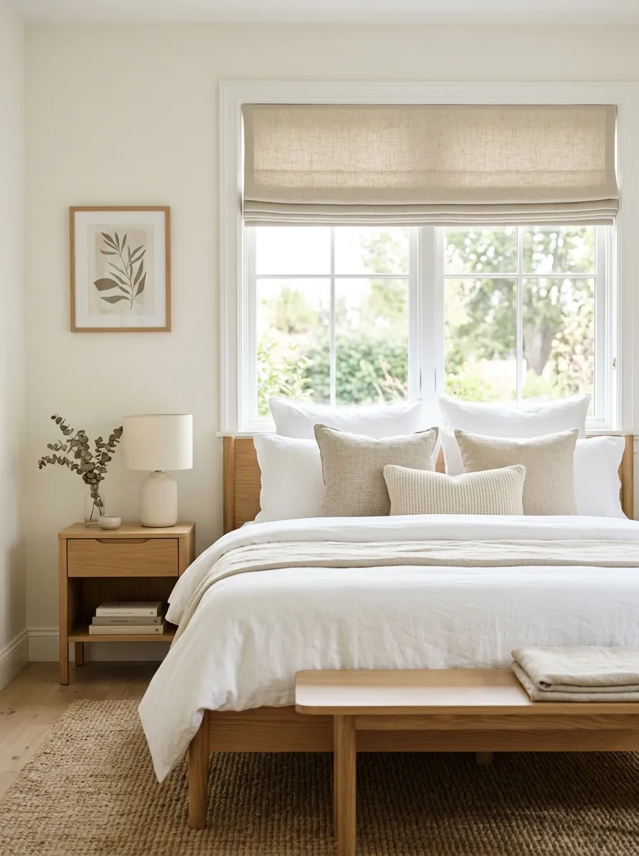 Real-life photo of a minimalist bedroom with a neatly made bed in front of window, neutral linen roman shade rolled halfway, bright natural light, beautifully arranged pillows, organized and clean space, vibrant soft neutral tones, stock photography style