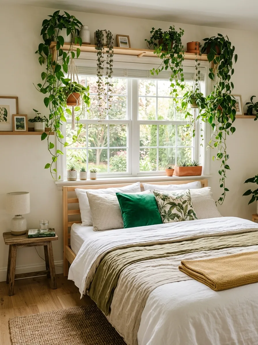 Real-life photo of a bedroom with hanging trailing plants framing a window above a neatly made bed in front of window, bright natural light filtering through leaves, beautifully arranged bedding, organized and clean space, vibrant green accents, stock photography style