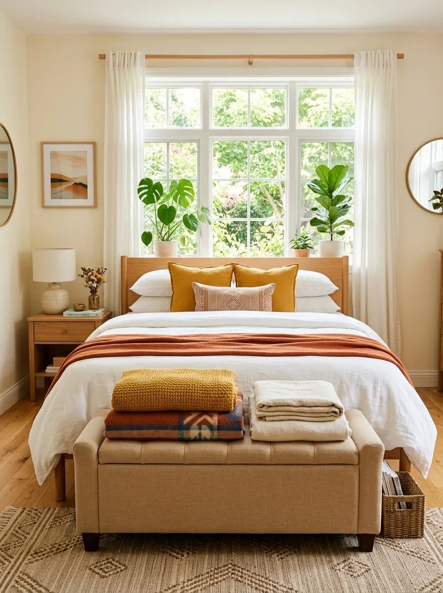 Real-life photo of a bedroom with a neatly made bed in front of window, cushioned storage bench at the foot of the bed, bright natural light, beautifully arranged folded blankets on top, organized and clean space, vibrant warm tones, stock photography style