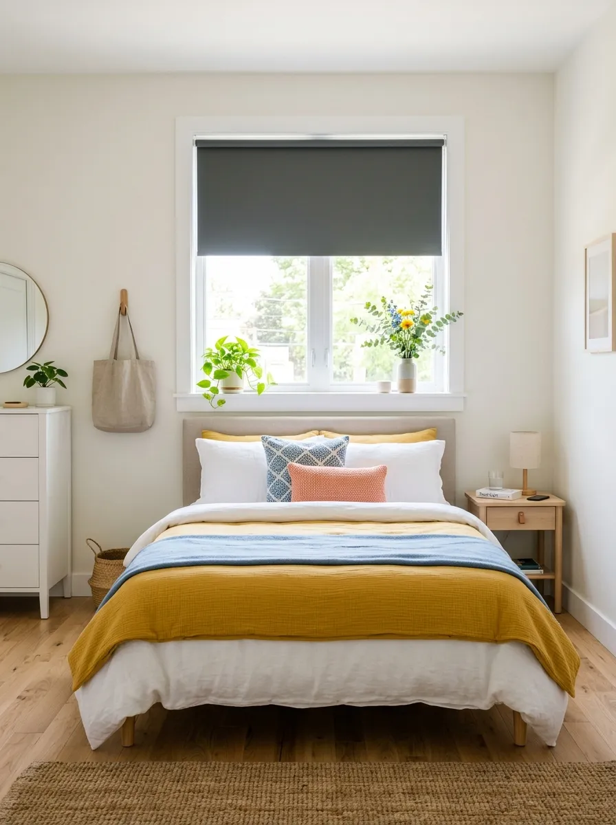 Real-life photo of a rental bedroom with a neatly made bed in front of window, removable blackout shade partially rolled up, bright natural light, beautifully arranged bedding, organized and clean space, vibrant fresh color palette, stock photography style