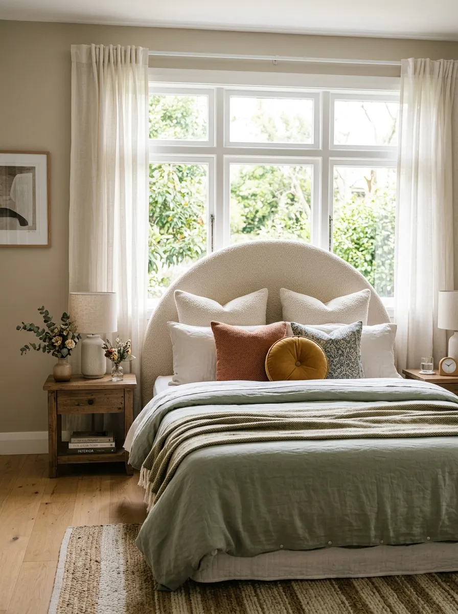 Real-life photo of a bedroom with a curved arched upholstered headboard on a neatly made bed in front of window, soft bouclé texture, bright natural light, beautifully arranged pillows, organized and clean space, vibrant muted color palette, stock photography style
