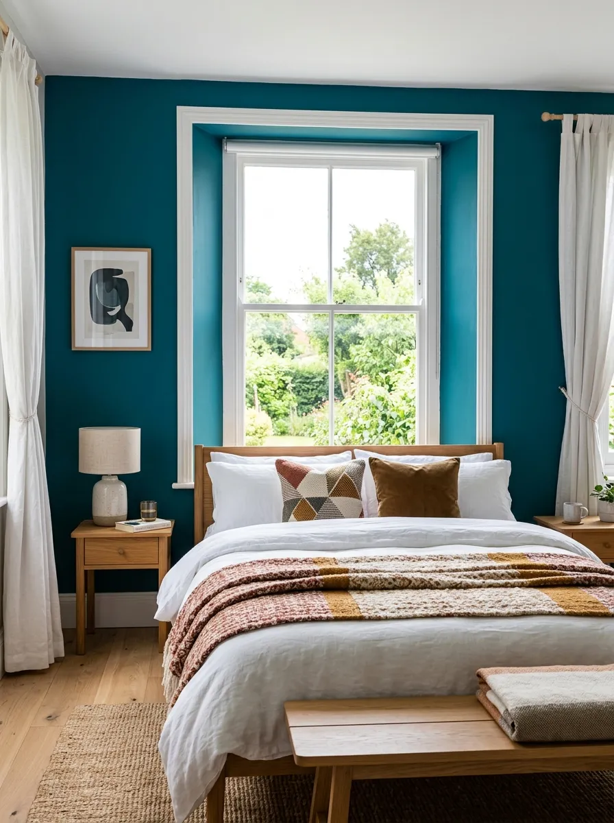 Real-life photo of a bedroom with a bold color-drenched wall wrapping around a window, neatly made bed in front of window, bright natural light, beautifully arranged bedding, organized and clean space, vibrant saturated wall color, stock photography style