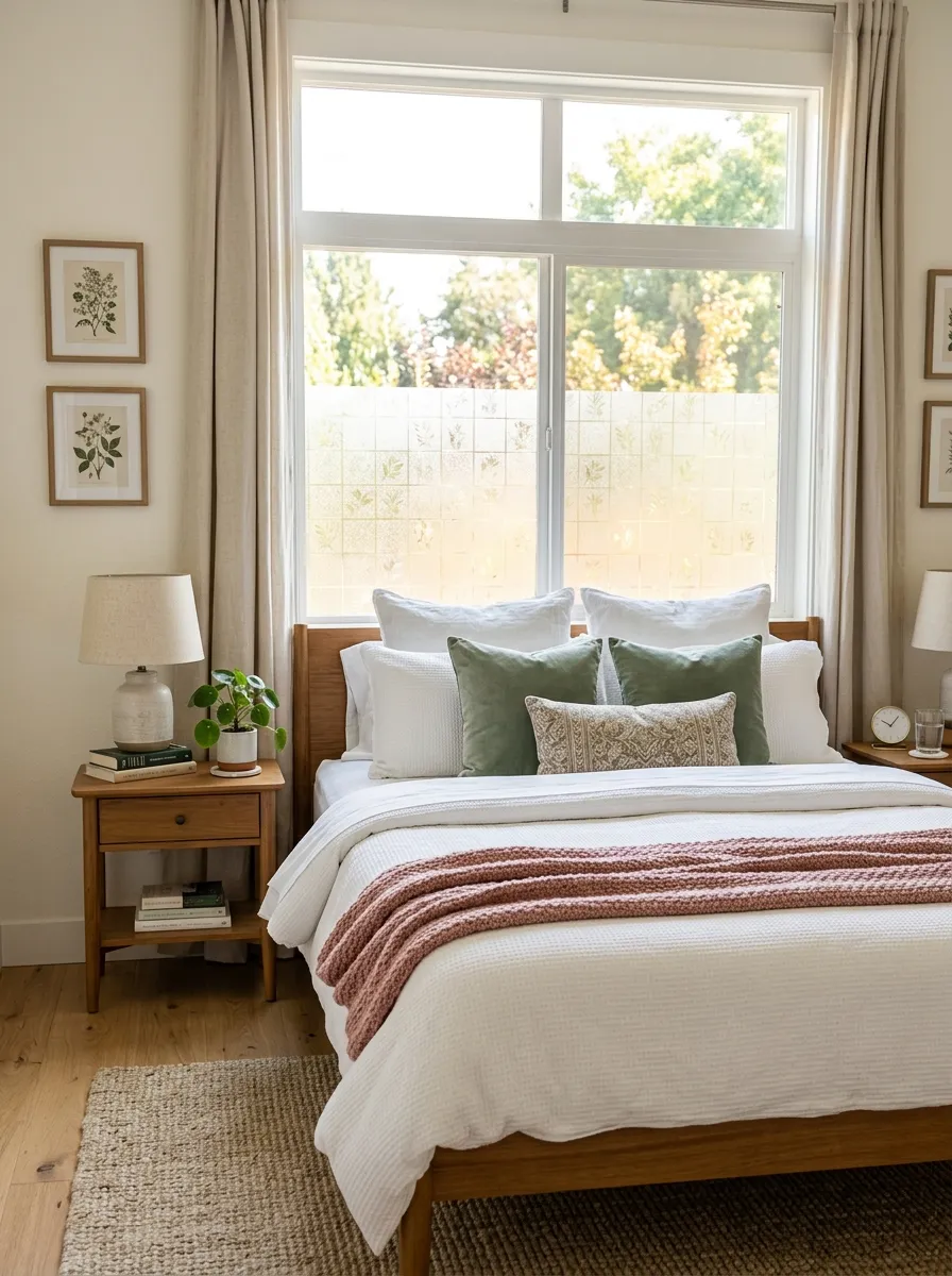 Real-life photo of a bedroom with frosted textured window film on the glass above a neatly made bed in front of window, bright natural light diffused through the film, beautifully arranged bedding, organized and clean space, vibrant soft tones, stock photography style